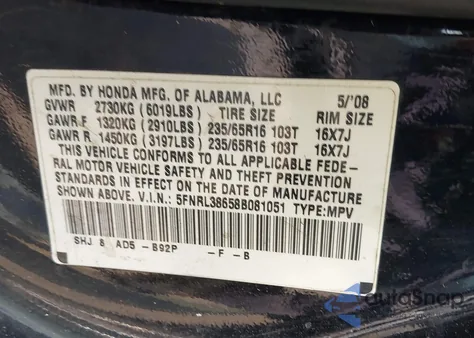 2008 Honda Odyssey Ex-L from USA, damaged, VIN 5FNRL38658B081051